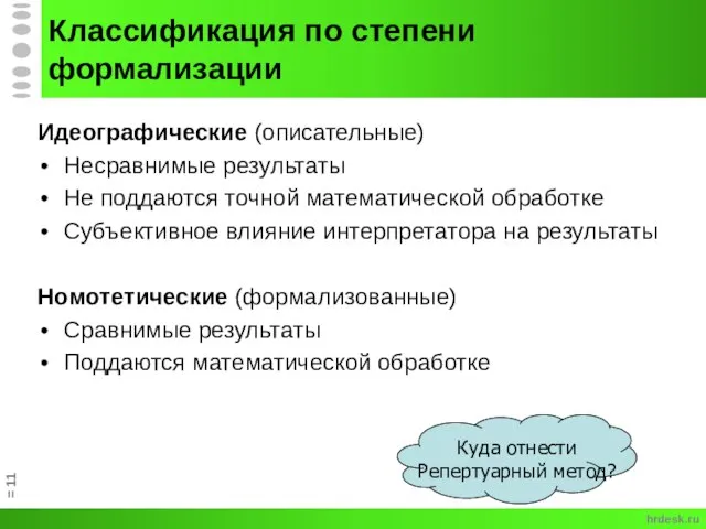 Классификация по степени формализации Идеографические (описательные) Несравнимые результаты Не поддаются точной математической