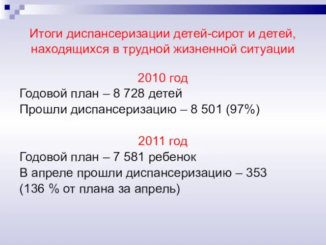 Итоги диспансеризации детей-сирот и детей, находящихся в трудной жизненной ситуации 2010 год