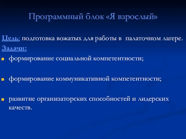 Программный блок «Я взрослый» Цель: подготовка вожатых для работы в палаточном лагере.