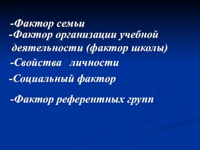 -Фактор семьи -Свойства личности -Фактор референтных групп -Социальный фактор -Фактор организации учебной деятельности (фактор школы)