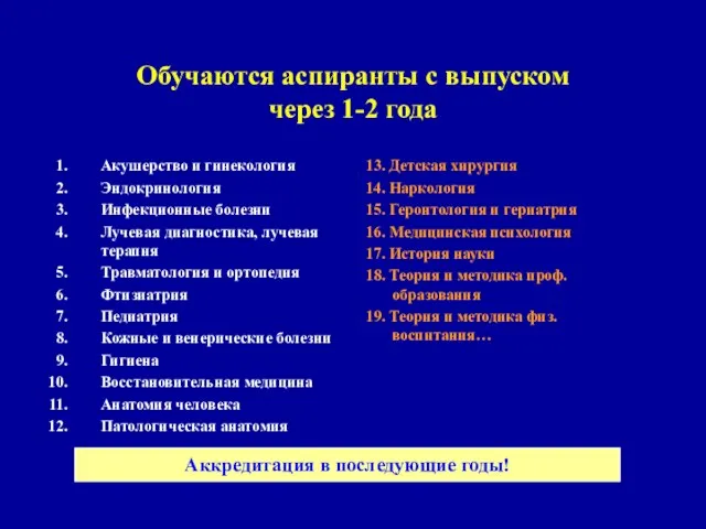 Обучаются аспиранты с выпуском через 1-2 года Акушерство и гинекология Эндокринология Инфекционные