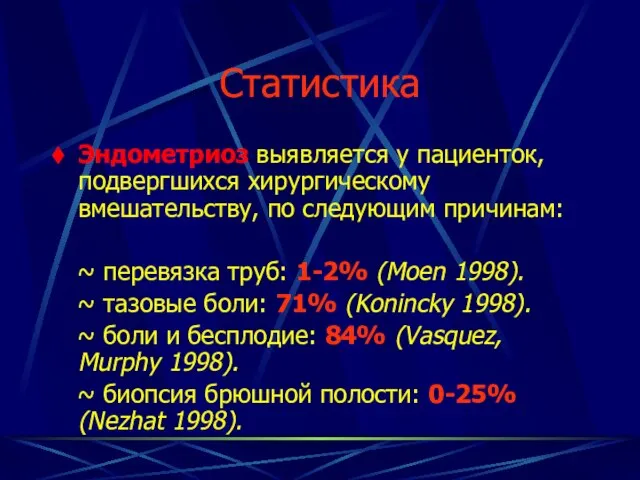 Статистика Эндометриоз выявляется у пациенток, подвергшихся хирургическому вмешательству, по следующим причинам: ~