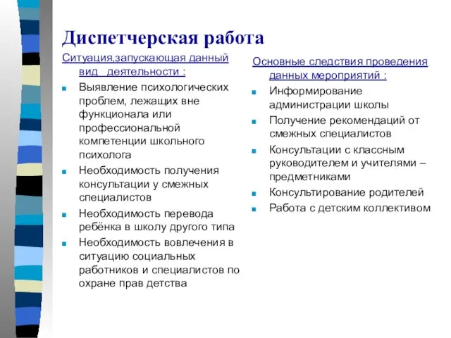 Диспетчерская работа Ситуация,запускающая данный вид деятельности : Выявление психологических проблем, лежащих вне