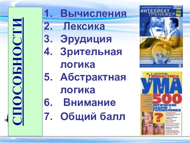 СПОСОБНОСТИ Вычисления Лексика Эрудиция Зрительная логика Абстрактная логика Внимание Общий балл