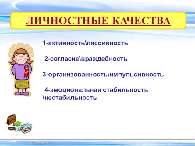 ЛИЧНОСТНЫЕ КАЧЕСТВА 1-активность\пассивность 2-согласие\враждебность 3-организованность\импульсивность 4-эмоциональная стабильность \нестабильность