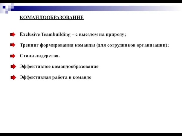 КОМАНДООБРАЗОВАНИЕ Exclusive Teambuilding – с выездом на природу; Тренинг формирования команды (для