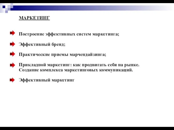 МАРКЕТИНГ Построение эффективных систем маркетинга; Эффективный бренд; Практические приемы марчендайзинга; Прикладной маркетинг: