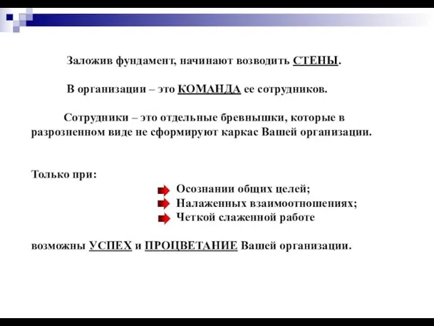 Заложив фундамент, начинают возводить СТЕНЫ. В организации – это КОМАНДА ее сотрудников.