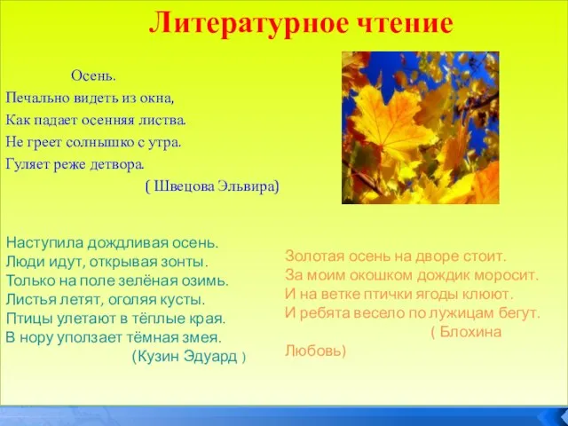 Литературное чтение Осень. Печально видеть из окна, Как падает осенняя листва. Не