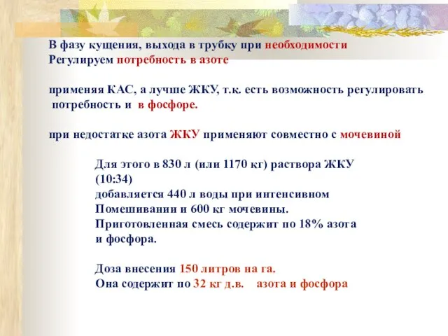 В фазу кущения, выхода в трубку при необходимости Регулируем потребность в азоте