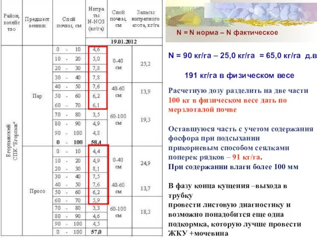 N = N норма – N фактическое N = 90 кг/га –