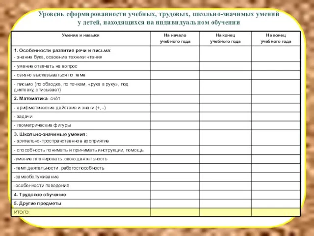 Уровень сформированности учебных, трудовых, школьно-значимых умений у детей, находящихся на индивидуальном обучении