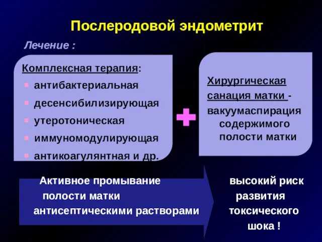 Послеродовой эндометрит Лечение : Активное промывание высокий риск полости матки развития антисептическими