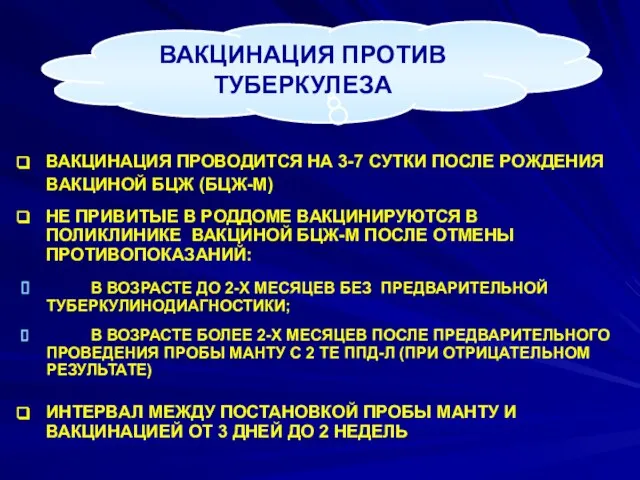 ВАКЦИНАЦИЯ ПРОВОДИТСЯ НА 3-7 СУТКИ ПОСЛЕ РОЖДЕНИЯ ВАКЦИНОЙ БЦЖ (БЦЖ-М) НЕ ПРИВИТЫЕ