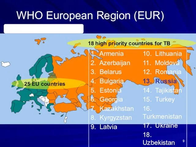 WHO European Region (EUR) 25 EU countries 53 countries 18 high priority countries for TB