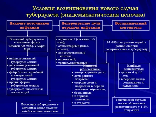 Условия возникновения нового случая туберкулеза (эпидемиологическая цепочка) Наличие источников инфекции Неперекрытые пути