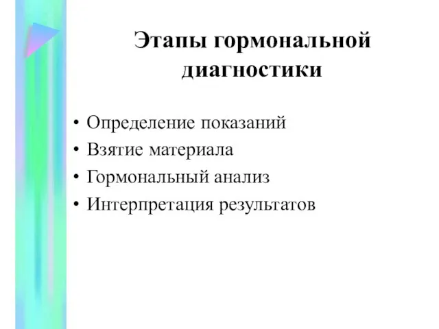 Этапы гормональной диагностики Определение показаний Взятие материала Гормональный анализ Интерпретация результатов