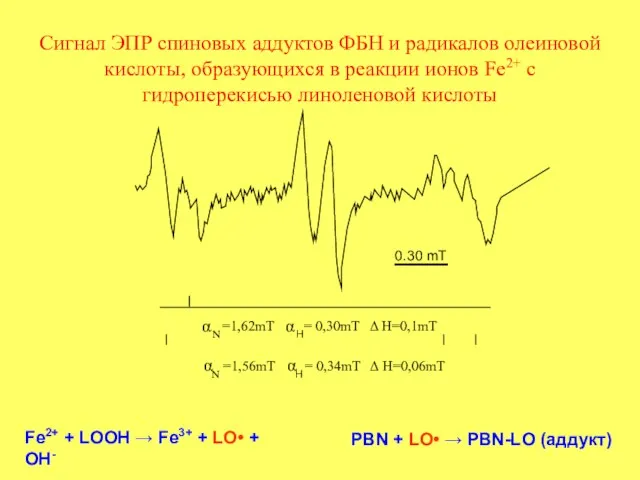 Сигнал ЭПР спиновых аддуктов ФБН и радикалов олеиновой кислоты, образующихся в реакции