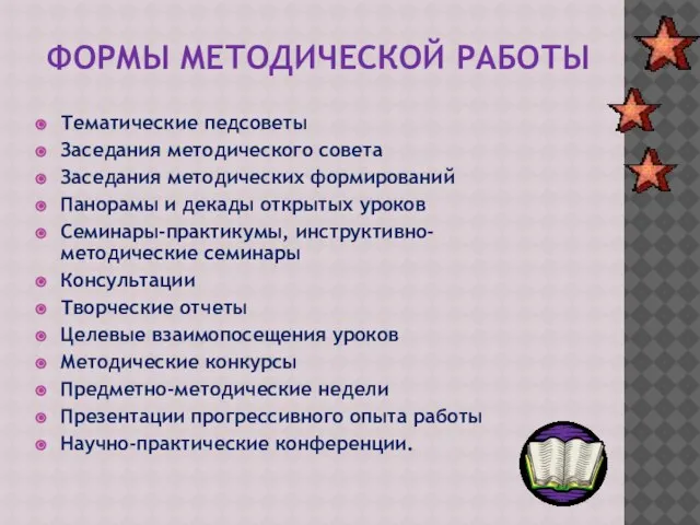 ФОРМЫ МЕТОДИЧЕСКОЙ РАБОТЫ Тематические педсоветы Заседания методического совета Заседания методических формирований Панорамы