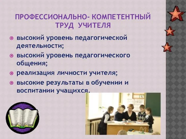 ПРОФЕССИОНАЛЬНО- КОМПЕТЕНТНЫЙ ТРУД УЧИТЕЛЯ высокий уровень педагогической деятельности; высокий уровень педагогического общения;