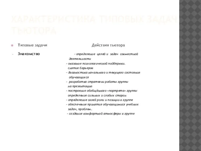 ХАРАКТЕРИСТИКА ТИПОВЫХ ЗАДАЧ ТЬЮТОРА Типовые задачи Действия тьютора Знакомство - определение целей