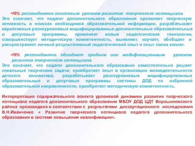 16% респондентов поисковым уровнем развития творческого потенциала. Это означает, что педагог дополнительного