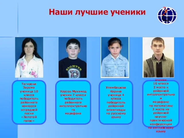 Наши лучшие ученики Тагирова Зарема ученица 10 класса победитель районного конкурса эстрадной