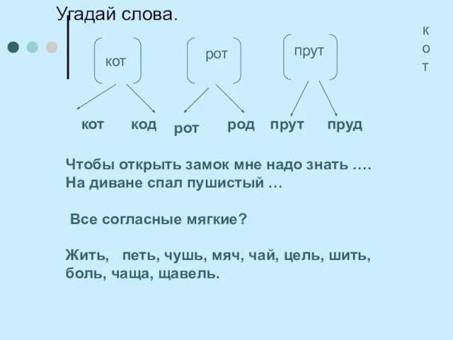 кот Угадай слова. кот рот прут кот код рот род прут пруд