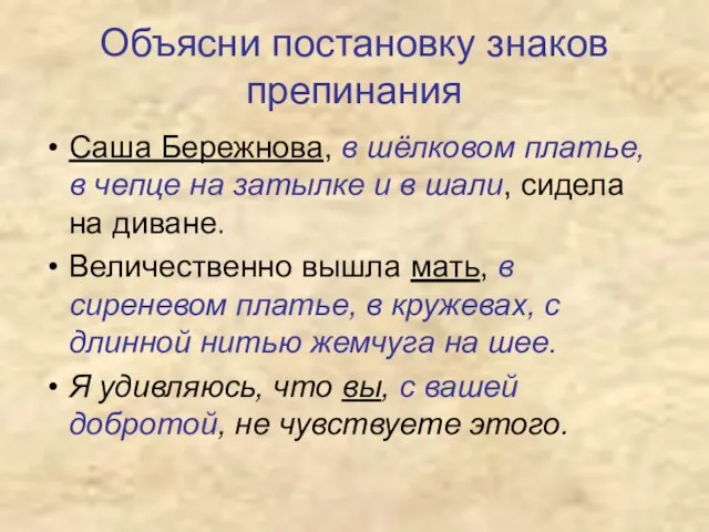 Объясни постановку знаков препинания Саша Бережнова, в шёлковом платье, в чепце на