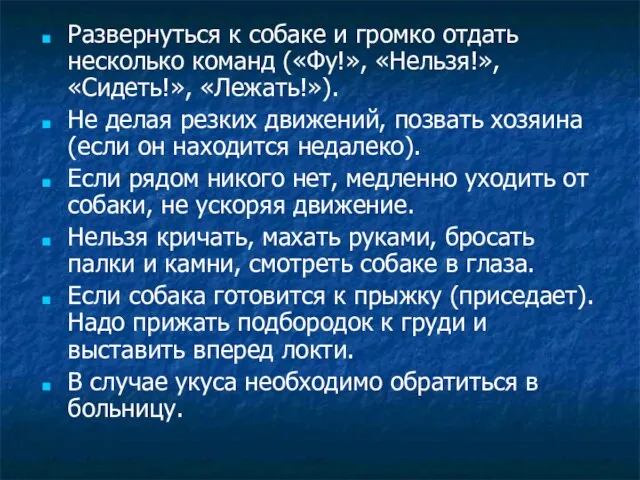 Развернуться к собаке и громко отдать несколько команд («Фу!», «Нельзя!», «Сидеть!», «Лежать!»).