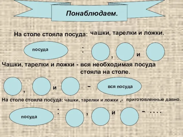 Понаблюдаем. На столе стояла посуда: чашки, тарелки и ложки. и : Чашки,