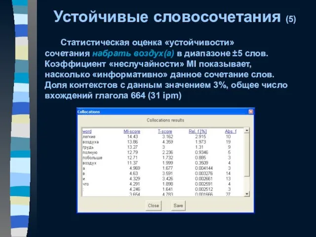 Устойчивые словосочетания (5) Статистическая оценка «устойчивости» сочетания набрать воздух(а) в диапазоне ±5