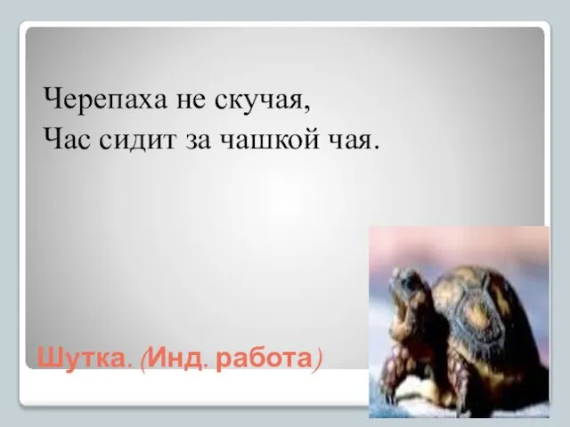 Шутка. (Инд. работа) Черепаха не скучая, Час сидит за чашкой чая.