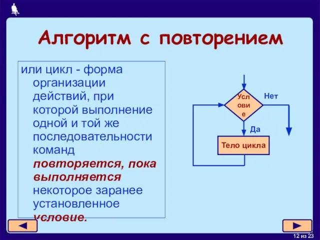 Алгоритм с повторением или цикл - форма организации действий, при которой выполнение