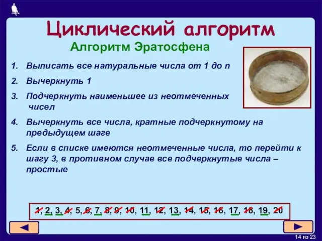 Циклический алгоритм Выписать все натуральные числа от 1 до n Вычеркнуть 1