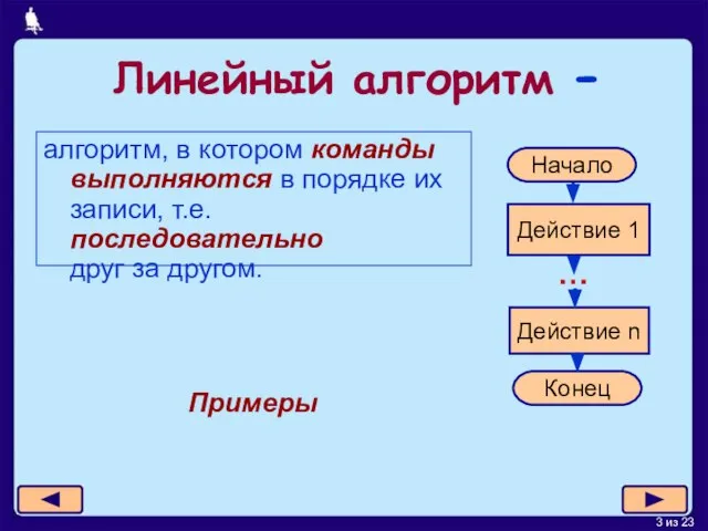 Линейный алгоритм - алгоритм, в котором команды выполняются в порядке их записи,