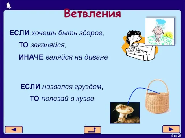 Ветвления ЕСЛИ хочешь быть здоров, ТО закаляйся, ИНАЧЕ валяйся на диване ЕСЛИ