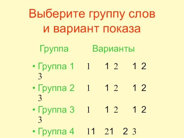 Выберите группу слов и вариант показа Группа Варианты Группа 1 1 1