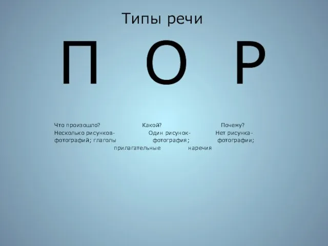 Типы речи П О Р Что произошло? Какой? Почему? Несколько рисунков- Один