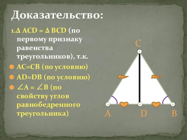 1.Δ ACD = Δ BCD (по первому признаку равенства треугольников), т.к. AC=CB