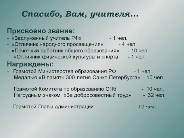 Спасибо, Вам, учителя… Присвоено звание: - «Заслуженный учитель РФ» - 1 чел.