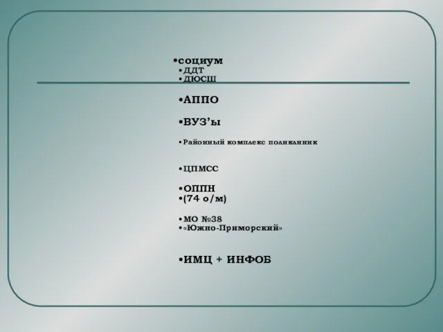 социум ДДТ ДЮСШ АППО ВУЗ’ы Районный комплекс поликлиник ЦПМСС ОППН (74 о/м)