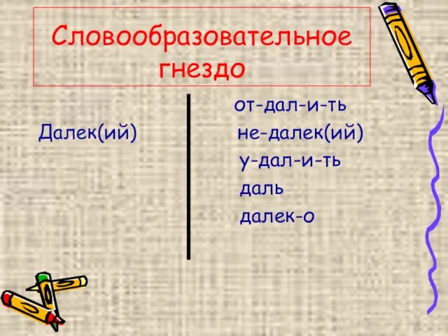 Словообразовательное гнездо от-дал-и-ть Далек(ий) не-далек(ий) у-дал-и-ть даль далек-о