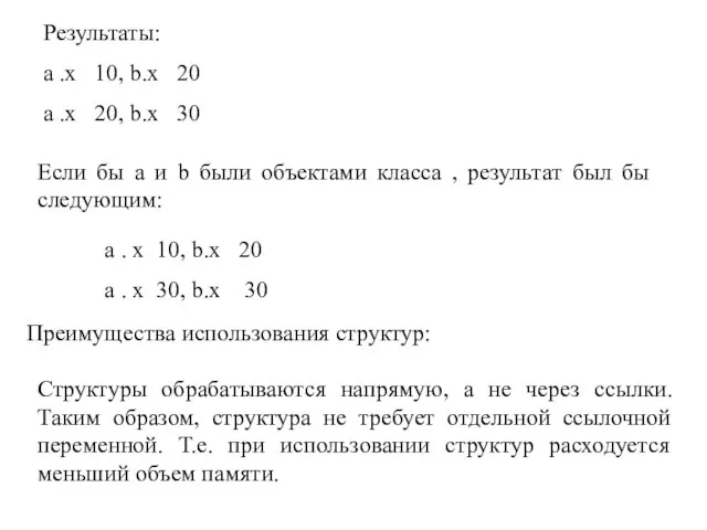 Результаты: а .х 10, b.x 20 a .x 20, b.x 30 Если