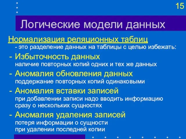 Логические модели данных Нормализация реляционных таблиц - это разделение данных на таблицы