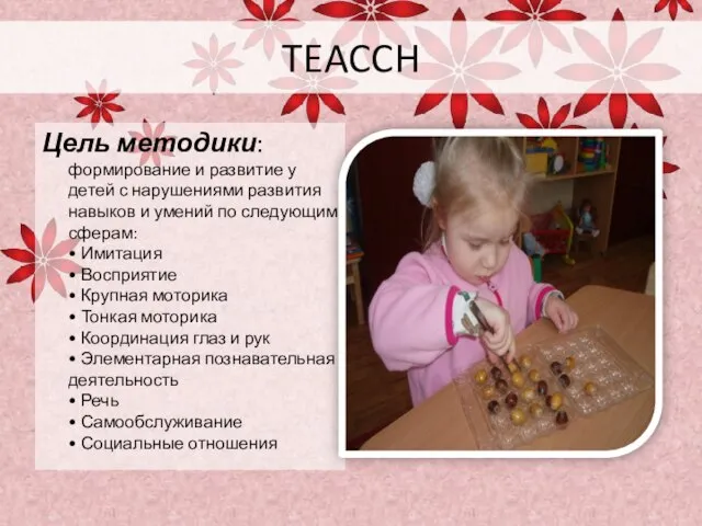 TEACCH Цель методики: формирование и развитие у детей с нарушениями развития навыков