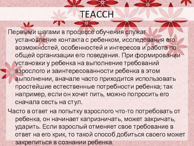 TEACCH Первыми шагами в процессе обучения служат установление контакта с ребенком, исследования