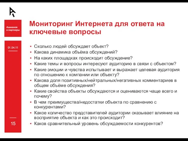 Мониторинг Интернета для ответа на ключевые вопросы Сколько людей обсуждает объект? Какова