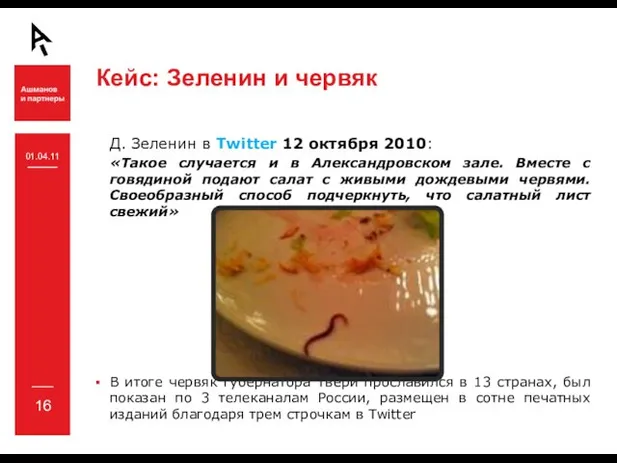 Кейс: Зеленин и червяк Д. Зеленин в Twitter 12 октября 2010: «Такое