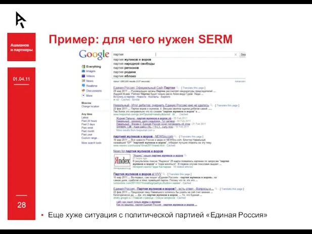 Пример: для чего нужен SERM Еще хуже ситуация с политической партией «Единая Россия» 01.04.11